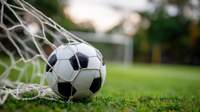 Soccer ball hitting the back of a white net on a lush soccer field, goal moment
