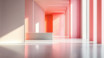 Fototapeta premium Modern, minimalist hallway with soft pink and white tones. Sunlight streams through large windows