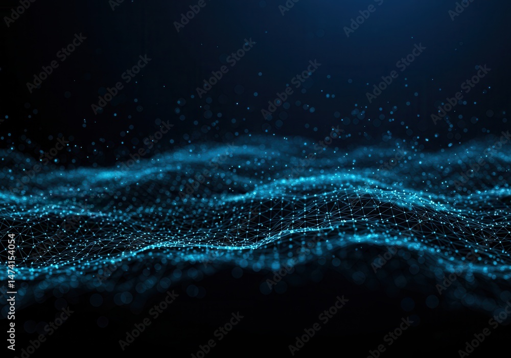 Poster abstract blue network with connected dots on a dark background suggesting technology and communicati