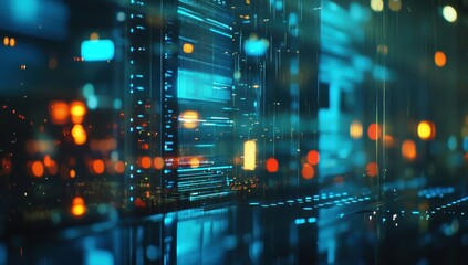 Intricate server room, glowing with data streams.  Complex network architecture, illuminated by vibrant digital displays, showcasing information flow