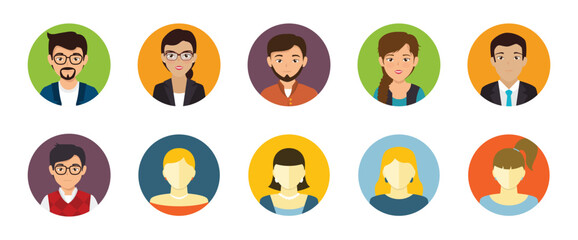Fototapeta premium Color avatar icon. Profile avatar symbol collection. Flat design icons of various professionals in business attire on colorful circular backgrounds. Vector illustration eps 10