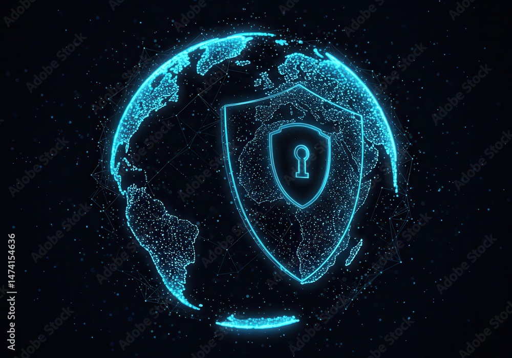 Poster digital earth with a glowing shield and keyhole representing global cybersecurity on a dark backgrou