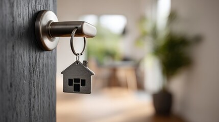 Metal door handle with a key inserted, house-shaped keychain dangling
