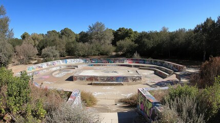 Empty, graffiti-covered amphitheater in a park