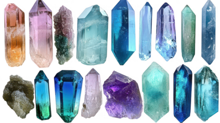 Collection of colorful mineral crystals of various shapes PNG transparent background