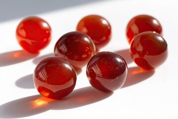 Red glass spheres arranged on a white surface.  Shadows cast by the spheres