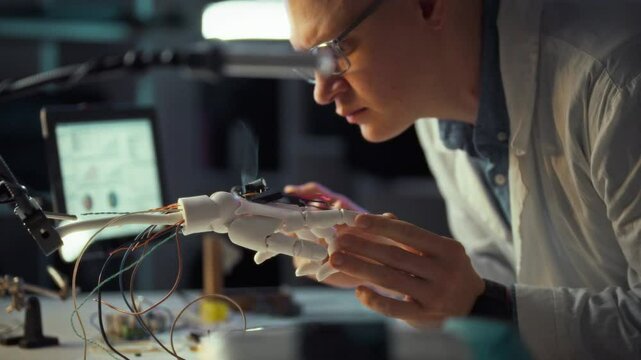 Expert engineer constructs advanced robotic hand in innovative workshop setting. A skilled engineer focuses intently on assembling a robotic hand, surrounded by advanced tools and components