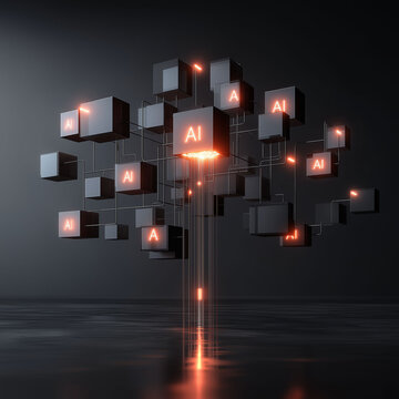 Agentic AI autonomous system. Intelligent agent. Decision making. AI behavior. Conceptual visualization of decision tree growth in a business context.