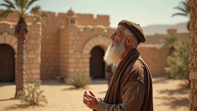 A Jewish priest praying in front of a synagogue
