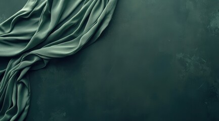 Draped sage green silk fabric on dark gray textured surface