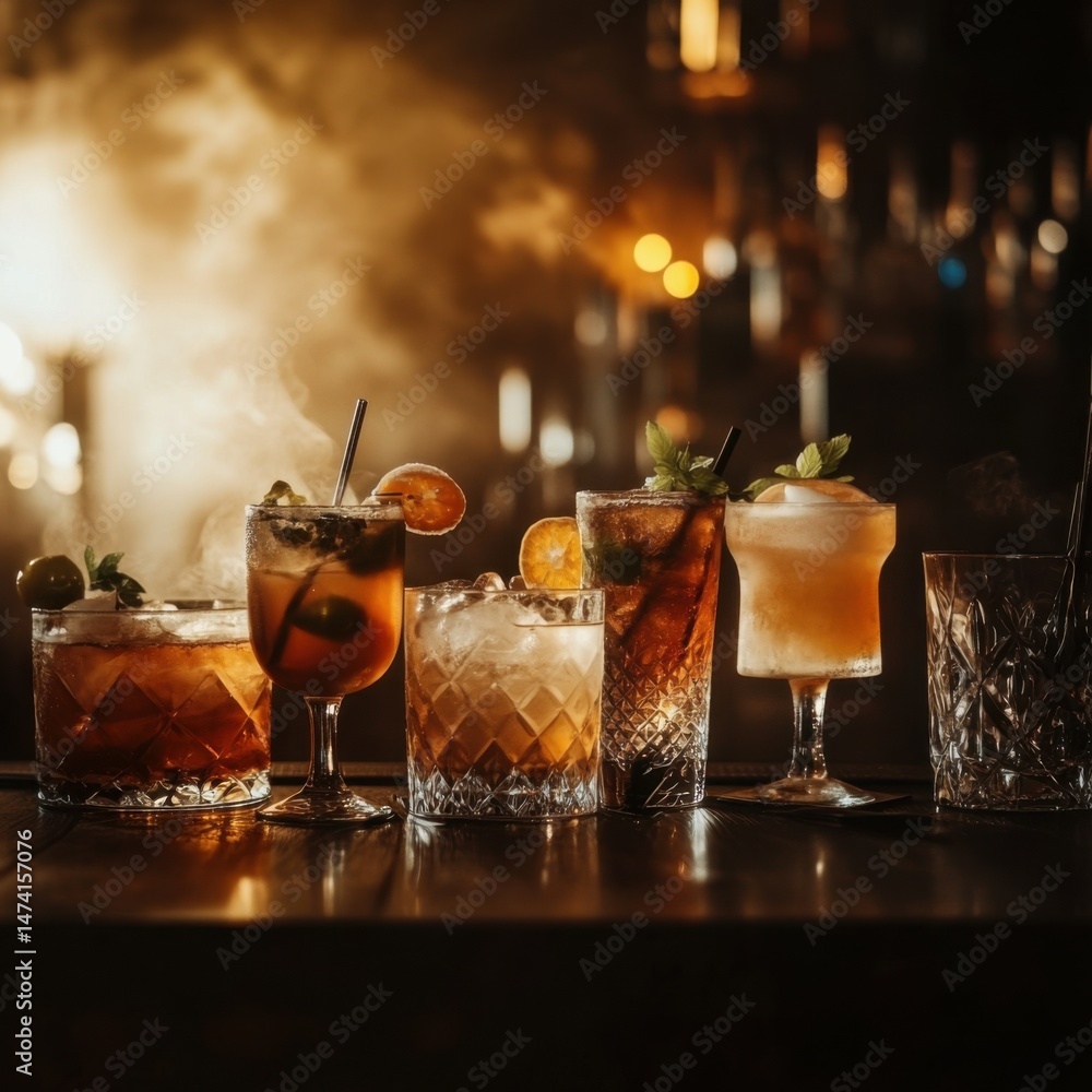 Poster row of assorted cocktails on bar top in dim light with smoke and bokeh background in eye-level studi