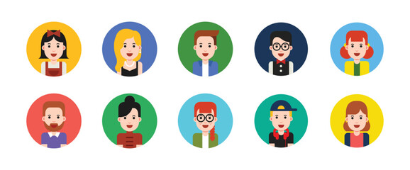 Fototapeta premium Color avatar icon. Profile avatar symbol collection. Flat design icons of various professionals in business attire on colorful circular backgrounds. Vector illustration eps 10