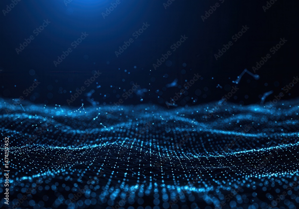 Poster abstract blue digital landscape with connected dots and lines conveying a futuristic network