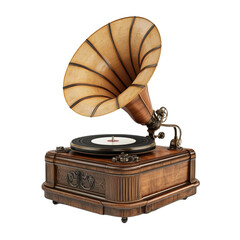Antique gramophone with wooden case and large horn playing vinyl record