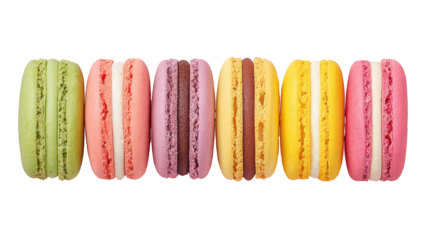 A lovely row of assorted macarons in pastel colors displayed on a soft pink background for a sweet treat experience