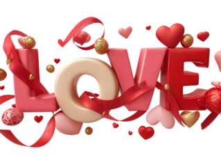 Decorative "Love" Lettering with Ribbon and Heart Accents