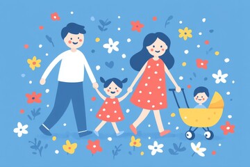 A mother and her children, including a baby in a stroller and a young daughter, take a leisurely walk in a picturesque forest or park with lush green grass, tall trees, and an array of blooming