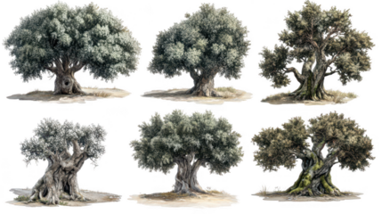 Collection of Detailed Olive Trees on PNG transparent background, Representing Nature and Mediterranean Landscapes