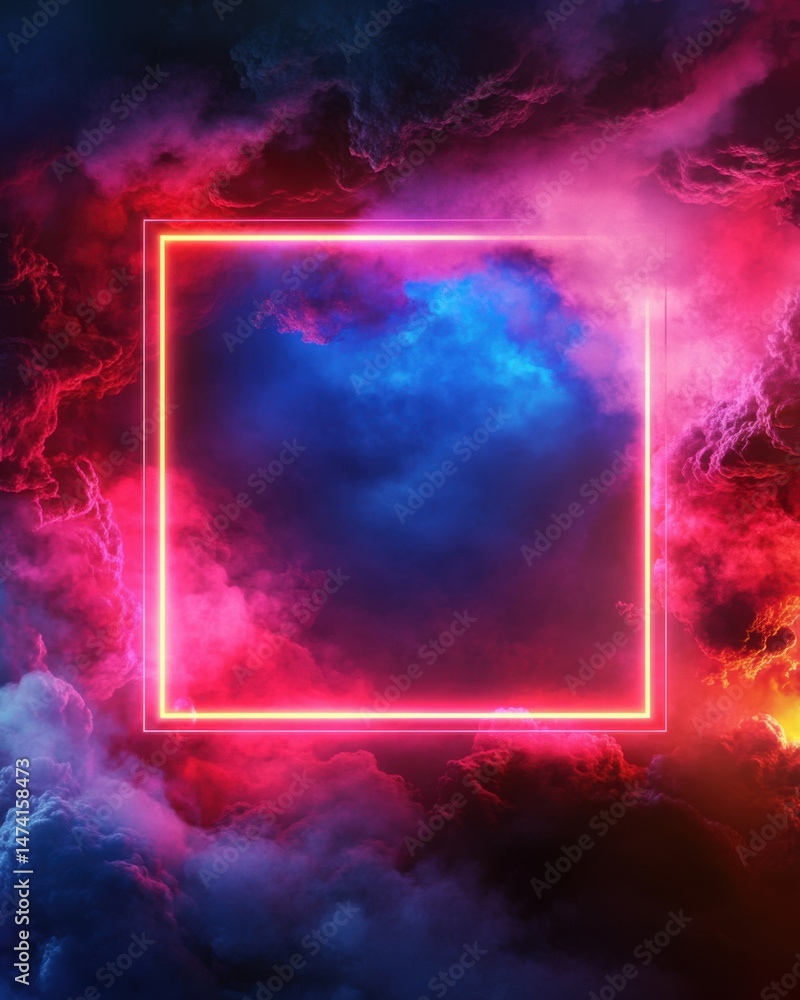 Aufkleber neon square frame in colorful smoke clouds abstract background digital art graphic design element