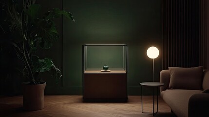Modern, muted display case for precious sphere
