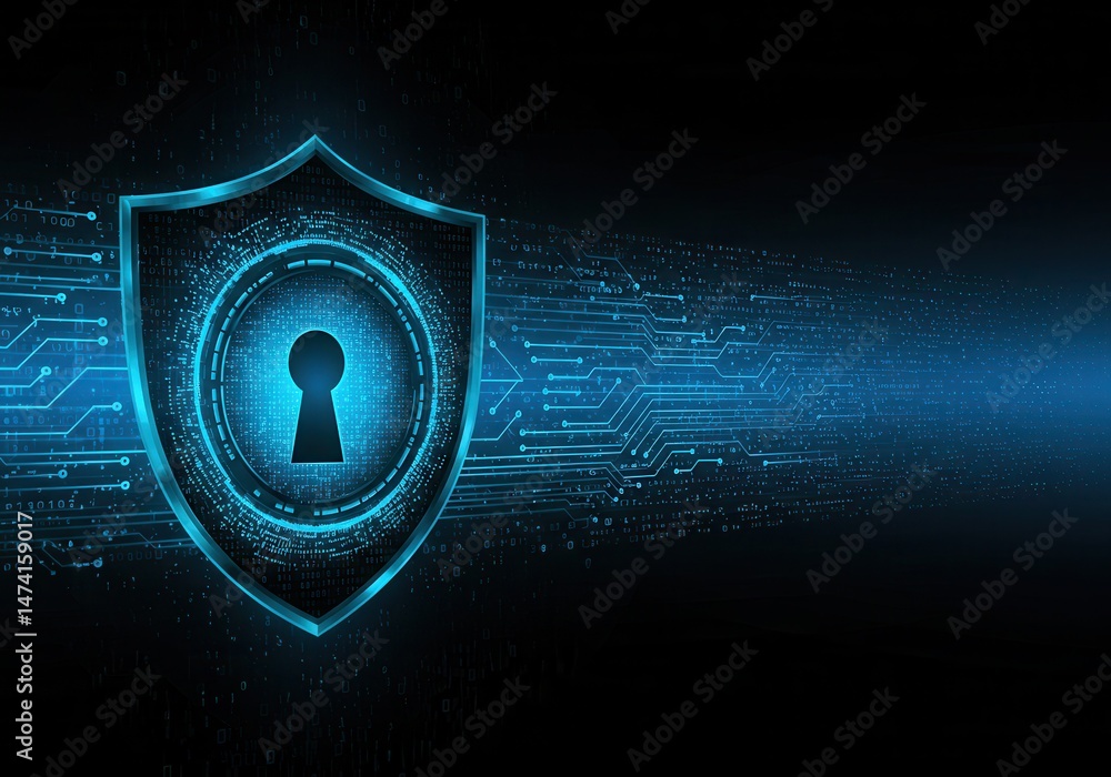 Poster glowing blue shield with keyhole over circuit board pattern, representing digital security and prote