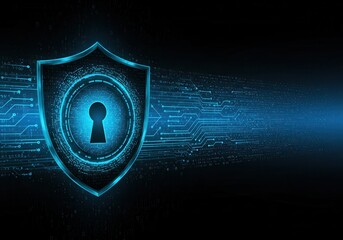 Glowing blue shield with keyhole over circuit board pattern, representing digital security and protection