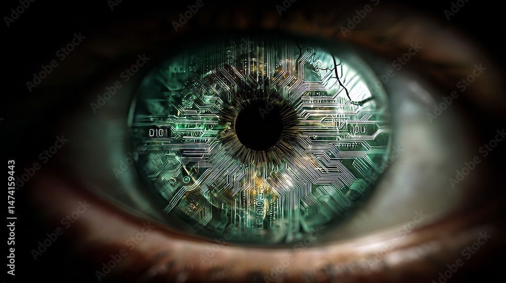 Poster a dark technological setting provides the backdrop for a cybernetic vision hacker or robotic ai eye 