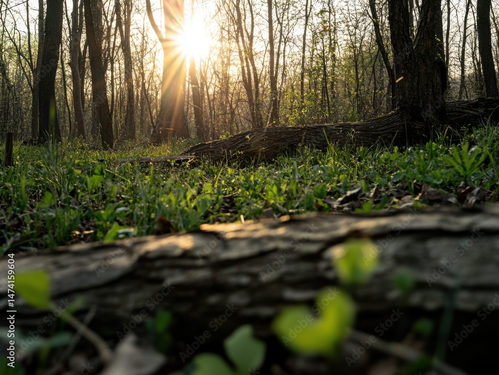 Poster low angle view of forest floor with sunlight streaming through trees in springtime nature scene