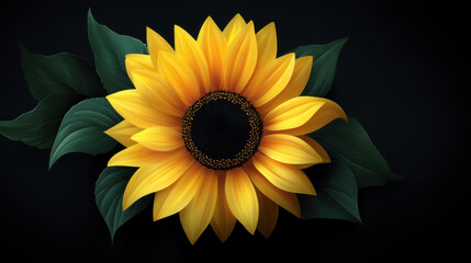 A vibrant sunflower with detailed petals and a dark center is surrounded by lush green leaves against a dark background, creating a striking contrast and beauty.