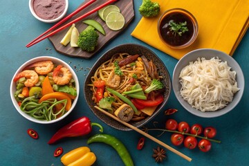A colorful abstraction that conveys the brightness and variety of Asian dishes.