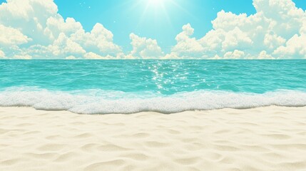 Sunny beach with turquoise water and fluffy clouds. Ideal for travel brochures or summer promotion