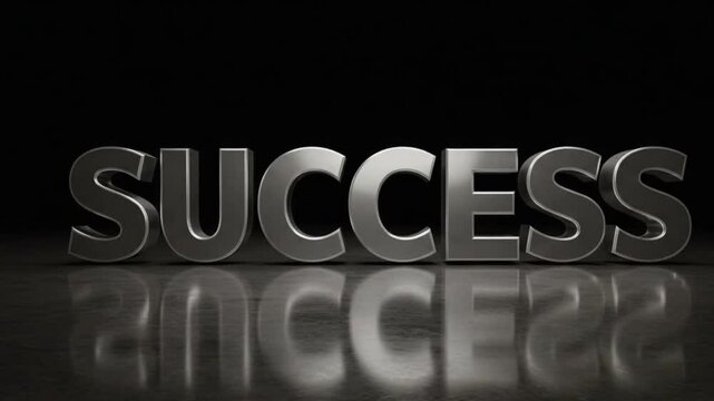 A bold and dramatic 3D metallic text render of the word 'SUCCESS' standing on a reflective dark floor, under a spotlight, with a high-contrast black background &mdash; symbolizing achievement, power, and de