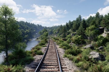 Fototapeta premium A scenic 3D rendered image shows a railway track winding through a lush green forest alongside a tranquil river under a partly cloudy sky