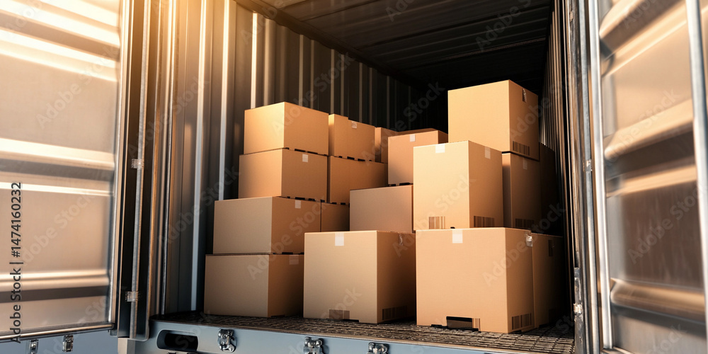 Aufkleber Shipping container filled with neatly stacked boxes Generative AI