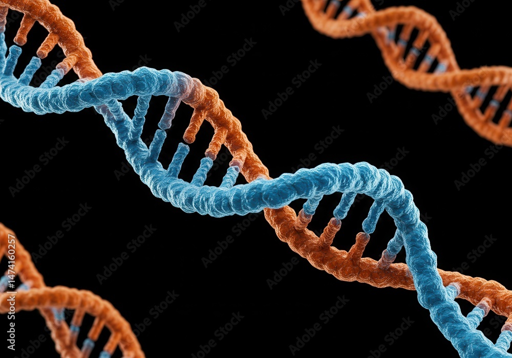 Poster close-up rendering of two dna double helix strands in blue and orange tones against a black backgrou