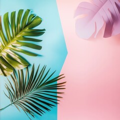 Vibrant tropical leaves on a pastel background