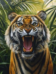 Fototapeta premium Close-up portrait of a roaring tiger in a lush green jungle setting. Perfect for wildlife, nature, and animal documentaries.