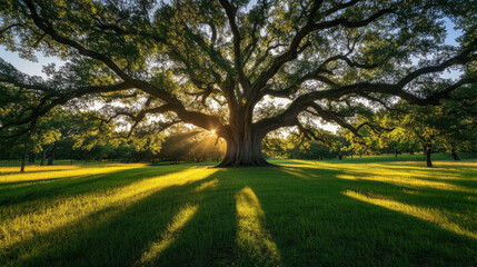 A massive, ancient oak tree, casting long shadows on the forest floor during golden hour.