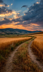 Golden Wheat Field Path Under Dramatic Sunset Sky in Countryside Serene Landscape