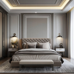  presents a lavish bedroom hotel interior,gray coverbed, a large bed with tufted headboard and an elegantly designed room, The flooring is a light marble-like material.
