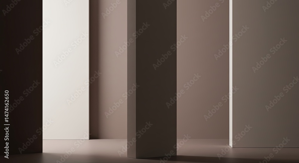 Poster The image is a series of white pillars in a room with a light shining on them