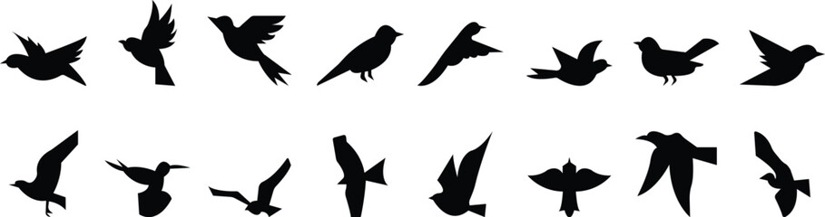 silhouette of flying birds with wide open wings vector art template designs icon set, Ink grunge birds afar brush hand drawn markers and crayons icons isolated on transparent background for mobile app