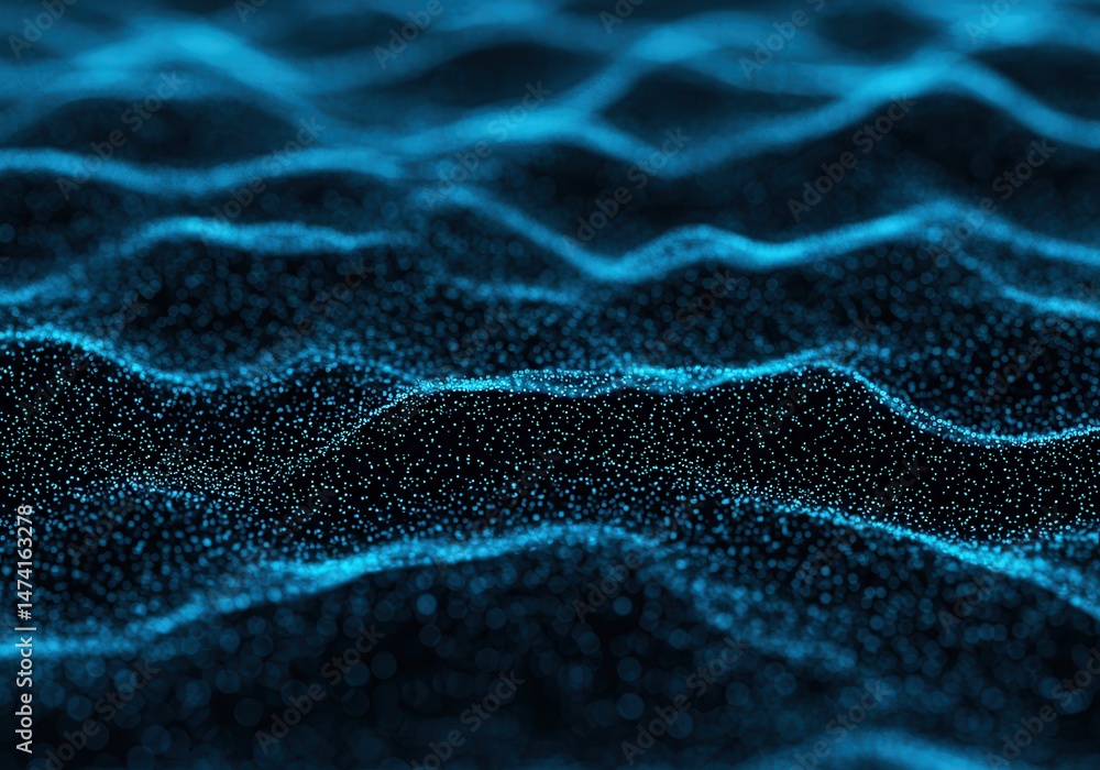 Poster abstract blue wave pattern made of glowing dots and lines on a dark background, resembling ocean wav