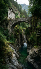 Stone bridge across river in Verzasca Valley, Switzerland, with scenic view and old architecture