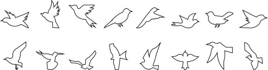 silhouette of flying birds with wide open wings vector art template designs icon set, Ink grunge birds afar brush hand drawn markers and crayons icons isolated on transparent background for mobile app