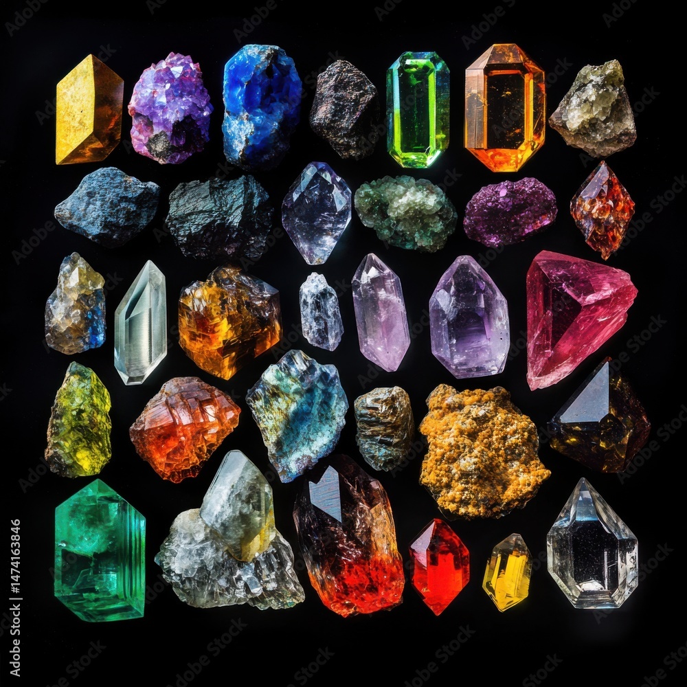 Poster assorted gemstones and minerals displayed on black background overhead shot colorful collection vari
