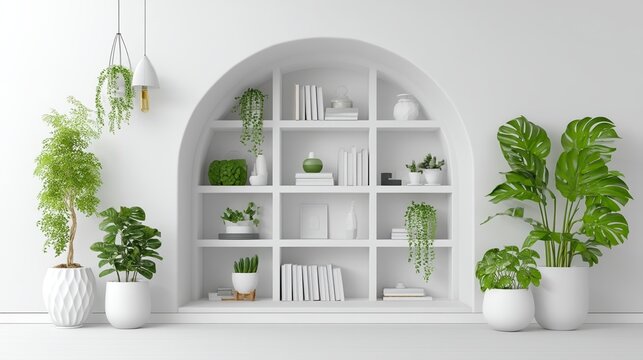 A cozy minimalist home decor setup features shelves showcasing houseplants and books, perfect for a Zoom virtual background or a cozy interior backdrop for a living room
