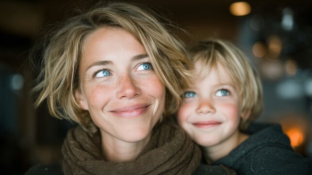 A loving family moment was captured as a smiling mother and child sat indoors, wrapped in warm and cozy scarves together