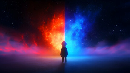 Fototapeta premium A small figure stands between fiery red and icy blue cosmic landscapes