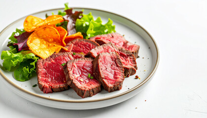 Fototapeta premium Delicious beef steak with fresh salad gourmet dinner home kitchen bright lighting culinary delight